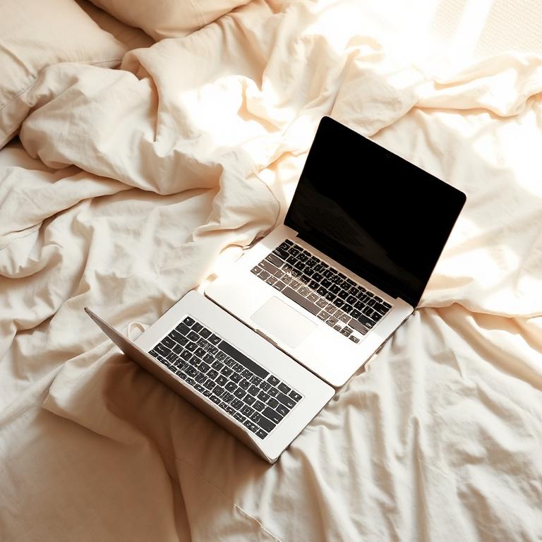 Laptop open on white bedding while planning the training week