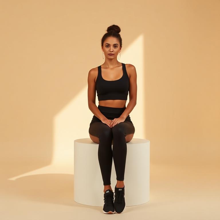 Member in black activewear seated in a bright studio