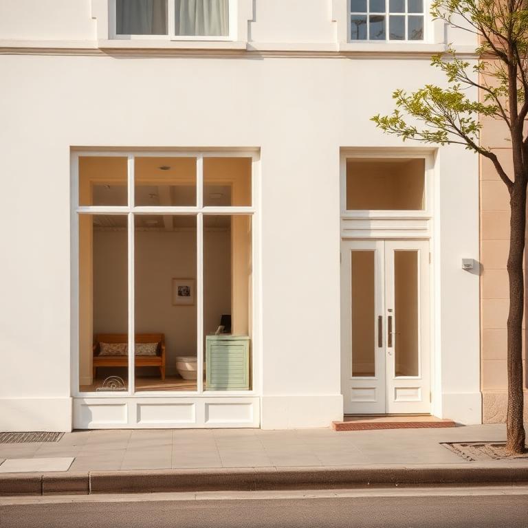 Quiet neutral storefront on a sunlit street