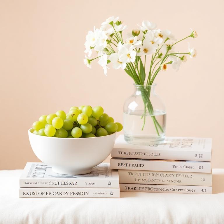 Green grapes and white flowers styled on a stack of books