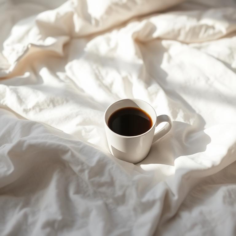 Cup of coffee on white linen in morning light
