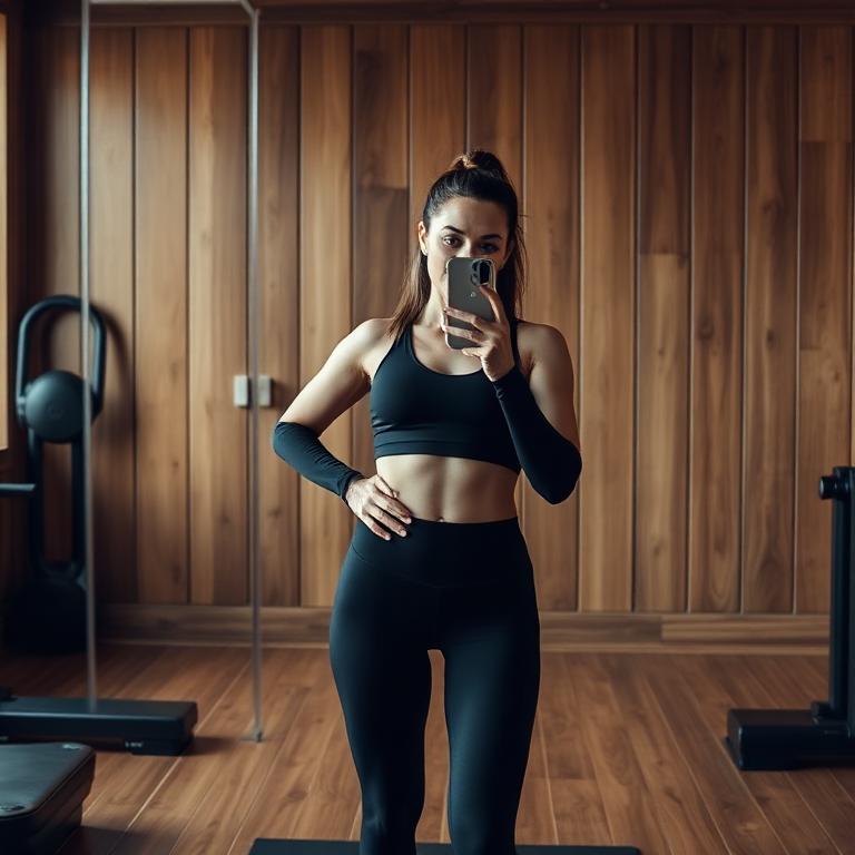 Member taking a mirror photo in a wood-panelled gym